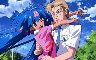 blue haired anime girl holding man with white uniform