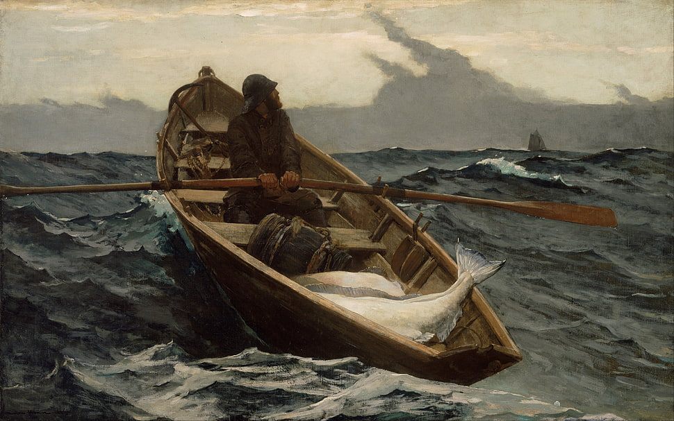 man paddling brown canoe painting, boat, Winslow Homer, artwork, sea HD wallpaper