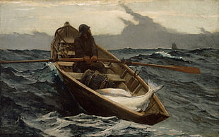 man paddling brown canoe painting, boat, Winslow Homer, artwork, sea