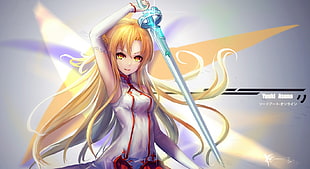 female animated character holding sword digital wallpaper
