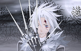 white haired male character digital wallpaper