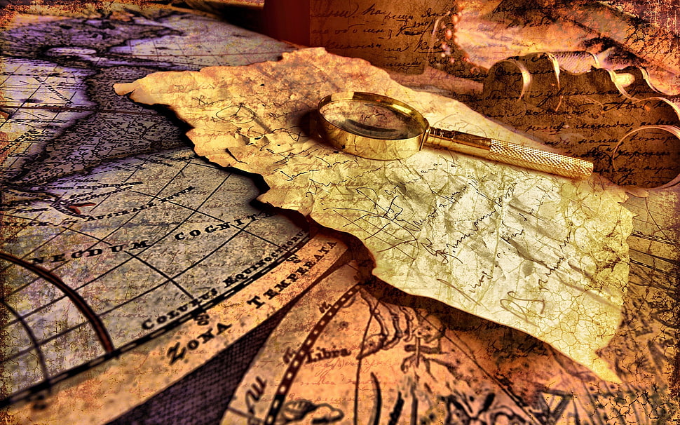 silver magnifying glass, map, vintage HD wallpaper