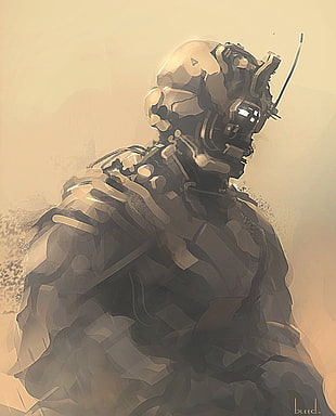 robot illustration, blee-d (Bryan), artwork, soldier, sand HD wallpaper