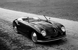 vintage black convertible coupe, old car, monochrome, Porsche 356, Porsche