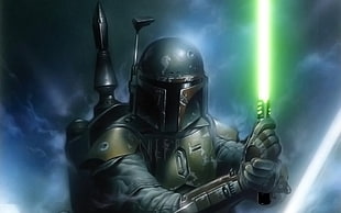 man in gray suit holding green saber, Star Wars, Boba Fett, lightsaber HD wallpaper