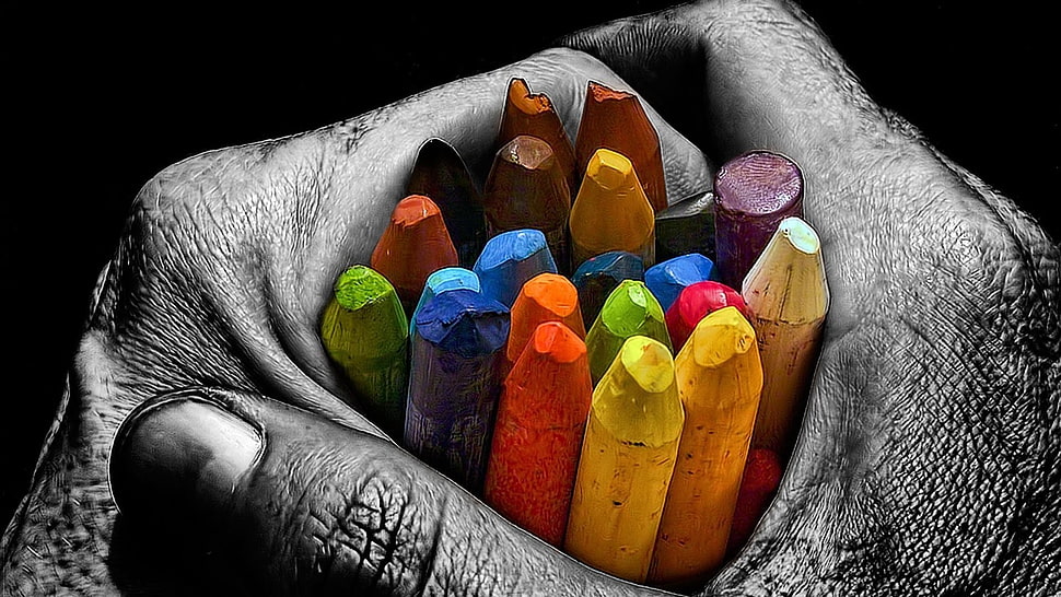 assorted crayons, crayons, selective coloring HD wallpaper