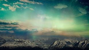 snow covered mountain under aurora borealis, landscape, mountains, sky, clouds