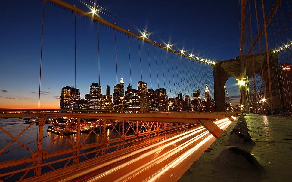 time-lapse photography of of cars, New York City, long exposure, bridge, USA HD wallpaper