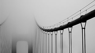 black hanging bridge, bridge, mist, Golden Gate Bridge, monochrome