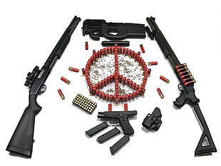 black shotgun; black semi-automatic pistol; black P90, gun, FN P90, Mossberg 500, Glock