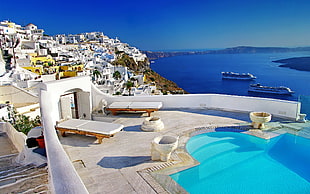 Santorini, Greece, house, cruise ship, river, Greece HD wallpaper