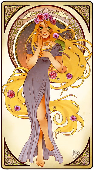 yellow haired female trading card, cartoon, Walt Disney, Tangled, Rapunzel