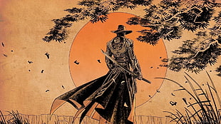 swordsman character stands near tall tree sketch