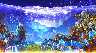 blue mountains painting, aurorae, 3D