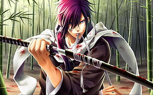 purple haired male anime character, Hakuouki Shinsengumi Kitan, Saitou Hajime, katana, sword
