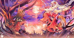 white haired girl in white and red dress holding a bow beside wolf illustration HD wallpaper