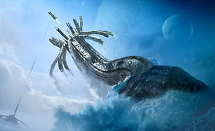 silver-colored dragon figurine, science fiction, artwork