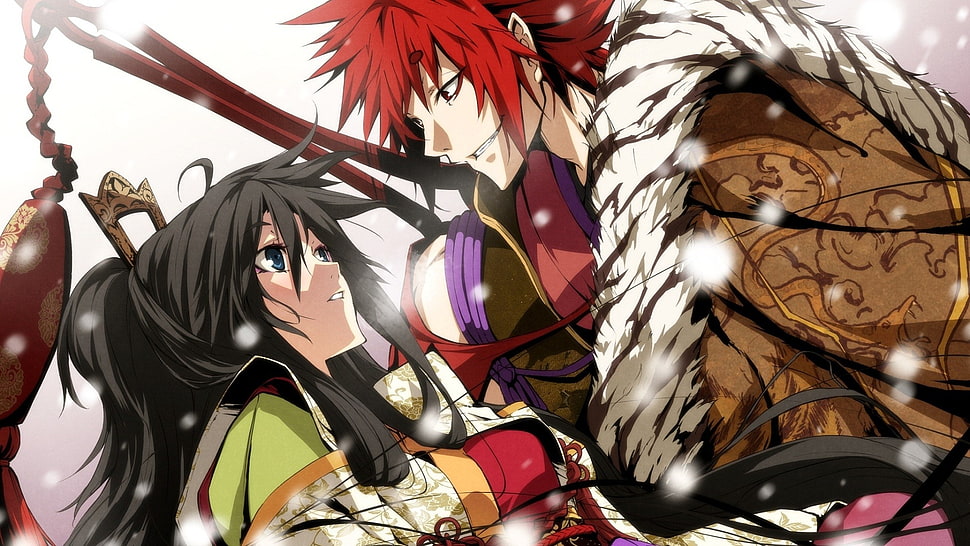 red haired male and black haired female anime characters HD wallpaper