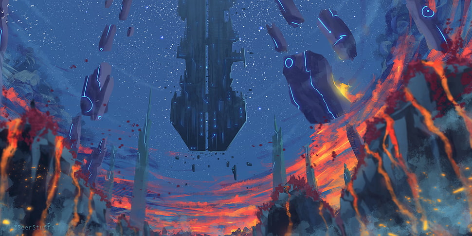 spacecraft over lava lands, Monolith, drawing, abstract, landscape HD wallpaper