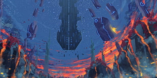 spacecraft over lava lands, Monolith, drawing, abstract, landscape HD wallpaper
