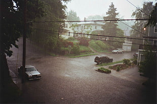 gray sedan and black SUV, street, town, car, rain