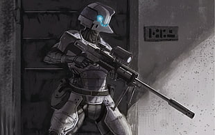 person holding sniper rifle illustration, robot, sniper rifle, futuristic, science fiction