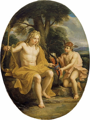 man sitting on rock facing man who is lending him bow and arrows, Greek mythology, classic art, painting