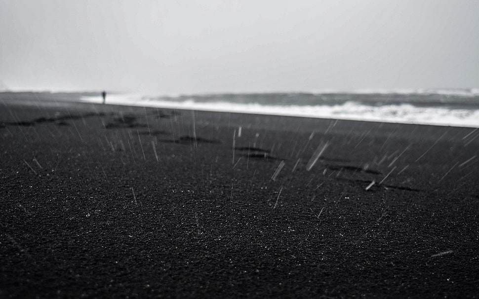black sand, beach, landscape, rain HD wallpaper