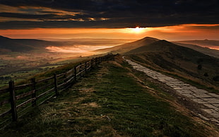 pathway near brown wooden fence in front of mountain digital wallpaper, nature, mist, mountains, sky