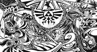white and black abstract illustration, The Legend of Zelda, Link, Zelda