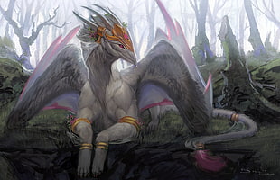 winged creature painting, creature, fantasy art, dragon