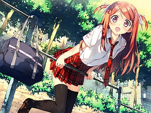 brown haired woman wearing school uniform anime illustration HD wallpaper