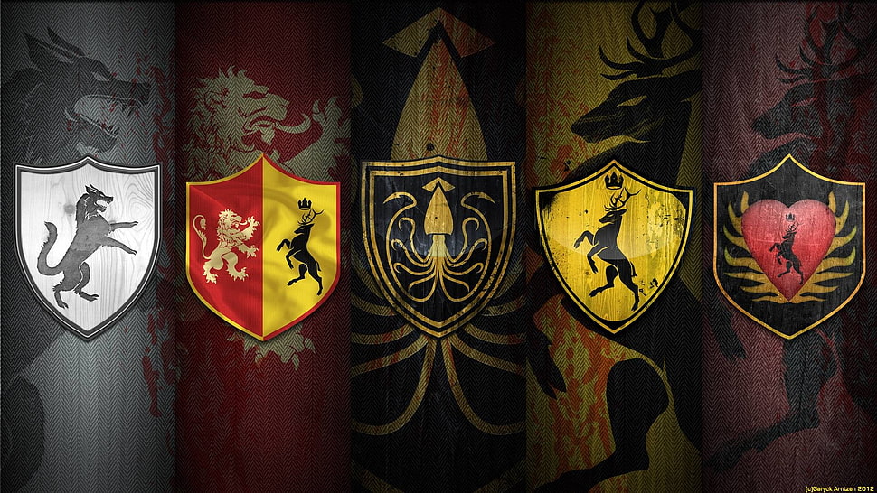 five assorted banners, Game of Thrones, sigils HD wallpaper