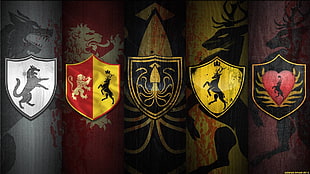 five assorted banners, Game of Thrones, sigils HD wallpaper