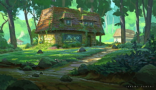 brown and green house and trees illustration, Jeremy Fenske, forest, trees, house HD wallpaper