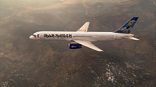 aerial photography of iron maiden print white passenger plane during daytime HD wallpaper