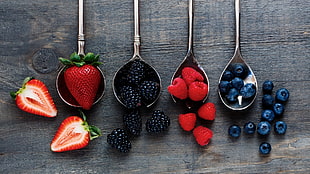 assorted berries, spoons, fruit, food, strawberries