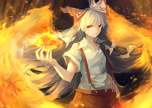 female anime character with fire magic digital wallpaper, Touhou, Fujiwara no Mokou, fire, anime