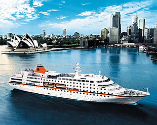 white cross ship on Sydney Australia, town, lights, sailing ship, horizon
