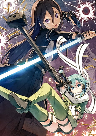 green haired anime character illustration, Sword Art Online, Kirigaya Kazuto, Asada Shino, Gun Gale Online  HD wallpaper