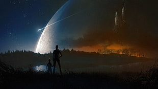 two person standing illustration, planet, science fiction, city, landscape