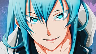 blue hair male anime character digital wallpaper