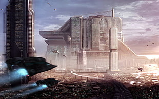 black space craft, futuristic city, science fiction, digital art