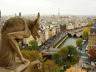 brown gargoyle statue, city, Paris, gargoyles