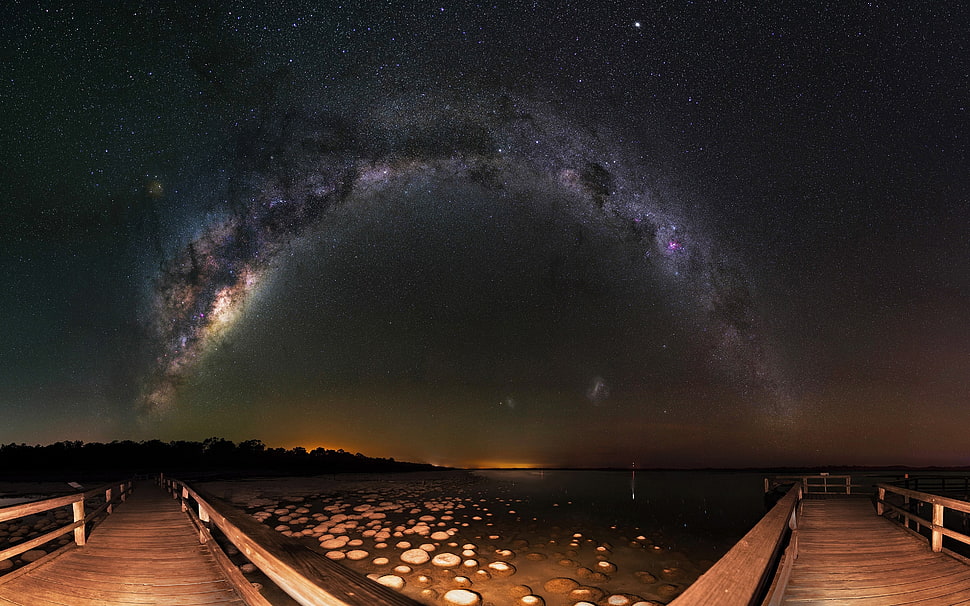 brown wooden walkway collage, night, stars, pier, Milky Way HD wallpaper