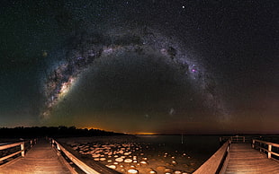 brown wooden walkway collage, night, stars, pier, Milky Way