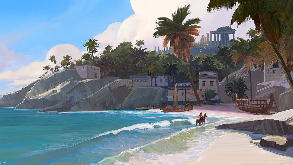 seashore painting, video games, Video Game Art, digital art, Assassin's Creed HD wallpaper