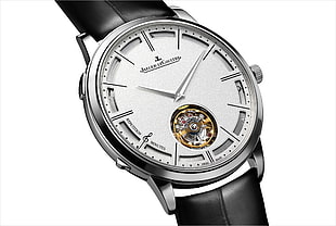 round silver-colored analog watch with black leather bands