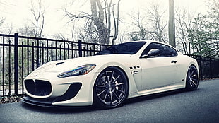 white Maserati Gran Turismo coupe, sports car, Maserati, white