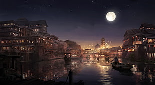 village beside body of water under full moon HD wallpaper